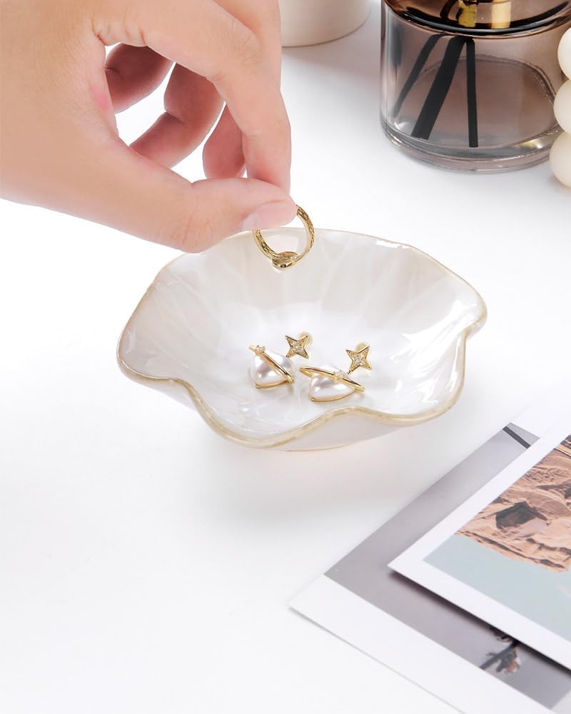 2PCS Lotus Leaf Shape Ring Holder Dish, Small Key Bowl, Ceramic Trinket Tray Jewelry Dish Organizing Necklace Earrings for Mom Friend Sister, All Jewelries Are NOT Included.White+Crystal Green.