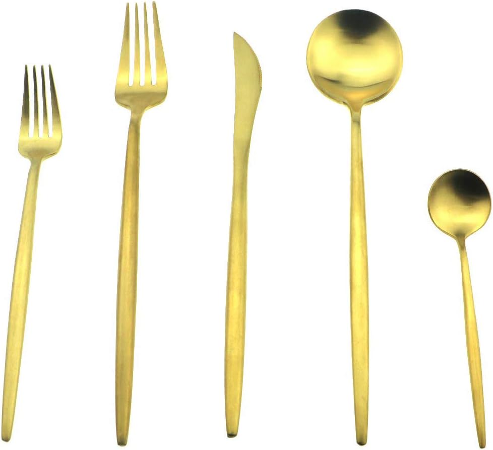 Gugrida 5 Pieces Matte Gold Flatware Set, 18/10 Stainless Steel Cutlery Sets Including Knife Fork Spoon w/Dessert Fork Teaspoon, Silverware Sets Service for 1