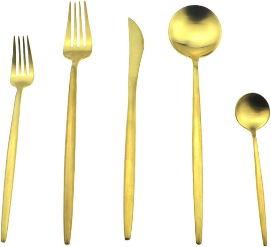 Gugrida 5 Pieces Matte Gold Flatware Set, 18/10 Stainless Steel Cutlery Sets Including Knife Fork Spoon w/Dessert Fork Teaspoon, Silverware Sets Service for 1