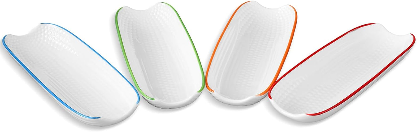 Cinf Colorful Side Ceramic Corn Cob Holders 8.8" Corn Dishes Set of 4, White Dishes Non-slip Bottom Microwave Dishwasher Oven Safe