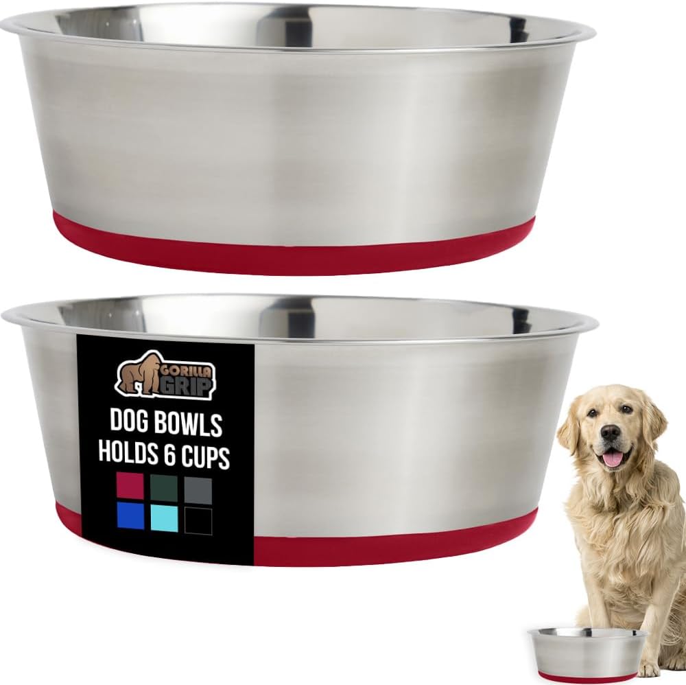 GORILLA GRIP Set of 2 Dog Bowls, Holds 6 Cups (48 fl oz), Heavy Duty Metal Food and Water Bowl for Feeding Dogs and Cats, Dishwasher Safe, Rust Resistant Stainless Steel, BPA Free Rubber Base, Red