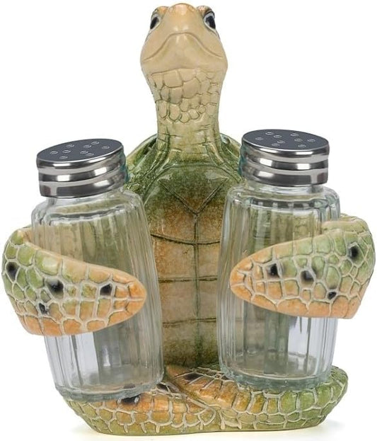 Decorative Green Sea Turtle Salt and Pepper Shaker Holder, Coastal Kitchen Decor (Greenturtle)