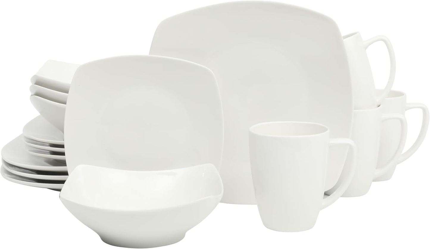 Gibson Home Zen Buffet Porcelain Chip and Scratch Resistant Dinnerware Plates, Bowls, and Mugs Set, Service for 4 (16pcs), White (Square Dishes)