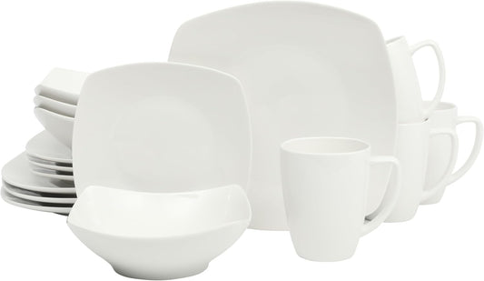 Gibson Home Zen Buffet Porcelain Chip and Scratch Resistant Dinnerware Plates, Bowls, and Mugs Set, Service for 4 (16pcs), White (Square Dishes)