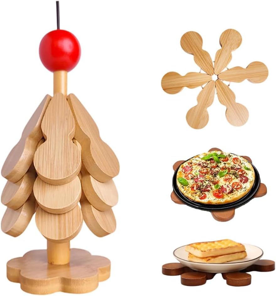 Natural Wood Tree Trivet Set, 2026 New Foldable Wooden Trivets with 3 Trivets & 1 Stand, Kitchen Wooden Tree Shape Trivet Set for Hot Dishes, Pot, Bowl, Teapot, Hot Pot Holders (B)