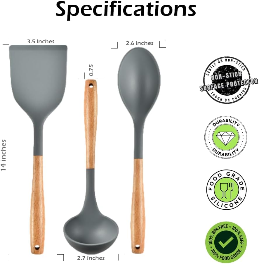 Pack of 3 Silicone Spatula Set 15 inches Large Heat Resistant 600F Flipper Cooking Fish Baking Egg Pancake Won't Scratch Kitchen Cookware, Turner Rubber Spatulas Ladle Spoon Skimmer Espatula (Gray)
