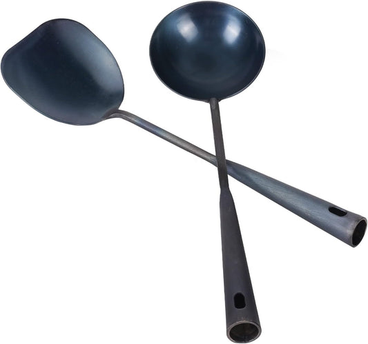 ZhenSanHuan Chinese Traditional HandMade Iron Spatula & Ladle Wok Tool Set,Long wok utensils (Ladle and Spatula Set, 32CM/12.6'')