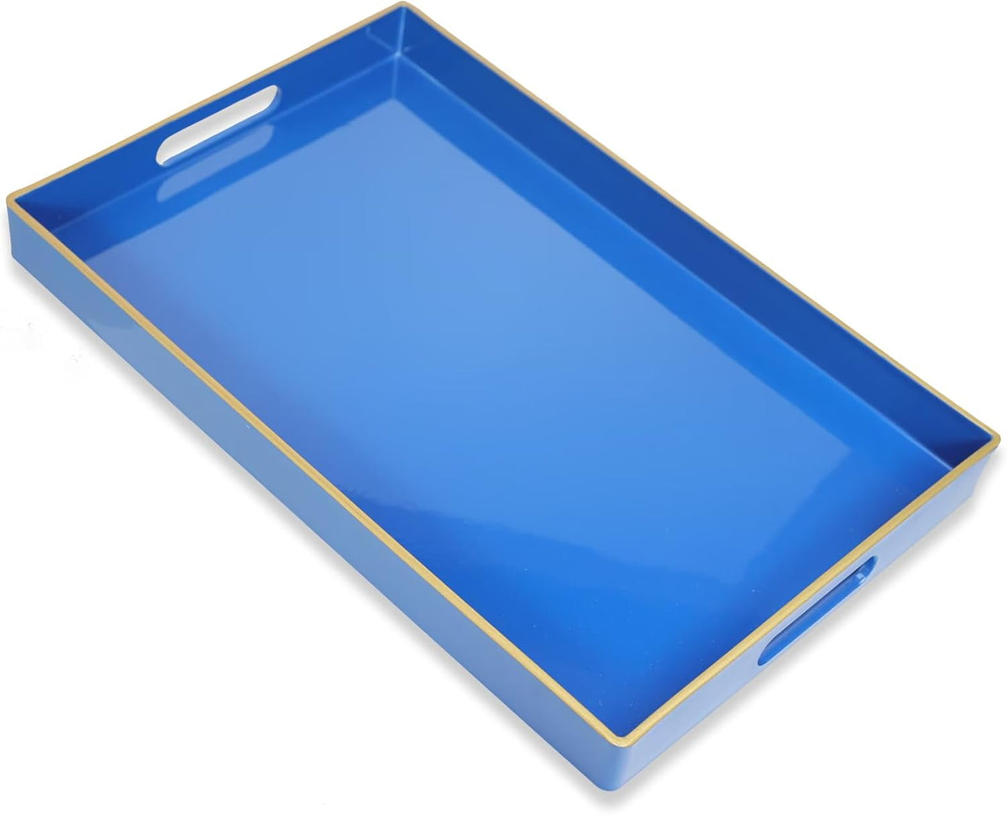 Blue Decorative Coffee Table Tray, Rectangular Plastic Serving Tray with Handles for Living Room, Ottoman, Bathroom, 15.7"*10.2"