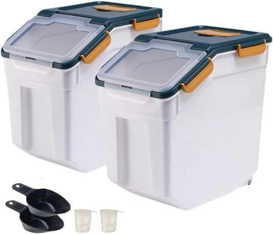 2 Pack Rice Storage Container 25 lbs, Airtight Flour Storage Containers with Wheels Seal Locking Lid, BPA Free, Rice Bin with Measuring Cup & Scoop for Flour, Sugar, Cereal (Blue)