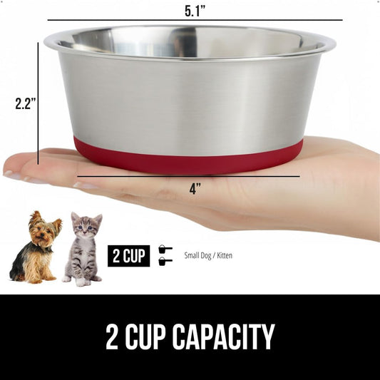GORILLA GRIP Set of 2 Dog Bowls, Heavy Duty Metal Food and Water Bowl for Feeding Dogs and Cats, Dishwasher Safe, Rust Resistant Stainless Steel, BPA Free Rubber Base, Holds 2 Cups (16 fl oz), Red
