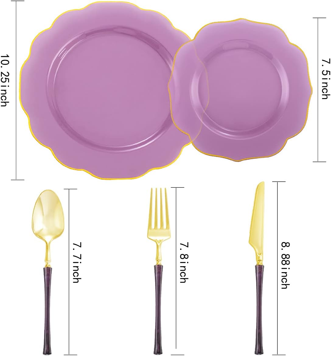 Ciaell 120PCS Clear Purple Plastic Plates - Purple Party Disposable Gold Plastic Plates including 48Plates, 24Forks, 24Spoons, 24Knives for Party & Wedding & Halloween