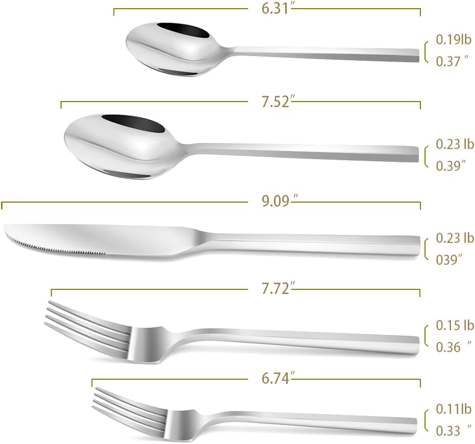 DEACORY Silverware Set Flatware Set Cutlery Set Stainless Steel Hexagon Handle Silver Mirror Finished 20 Pieces Service for 4