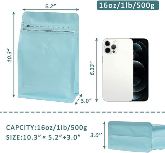 REMTAP Coffee Bags with Valve(50pcs,16oz) Tiffany Blue High Barrier Aluminumed Foil Flat Bottom Standing Coffee Beans Storage Bags,Reusable Heat Sealable Side Zipper Pouches for Home or Store