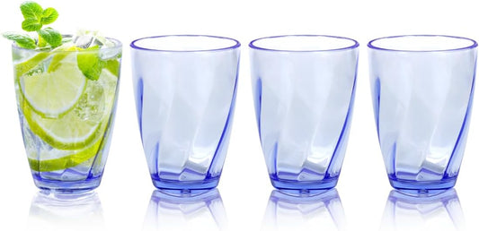 Topsky 12-ounce Plastic Water Tumblers | Set of 4 Transparent Unbreakable Drinking Glasses Clear Acrylic Reusable Juice Wine Cups for Home Picnic Party, Dishwasher Safe, Stackable,Blue