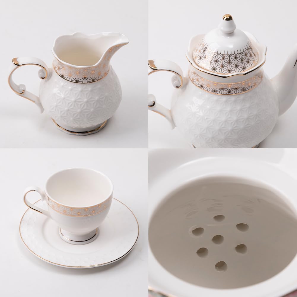 Sweejar 21 Pieces Porcelain Tea Set, Vintage Gold Trimmed Teapot Cup and Saucer Set, Tea Cup for Loose Tea, Sugar Bowl and Creamer Pitcher with Spoons, Service for 6(Classic Gold)