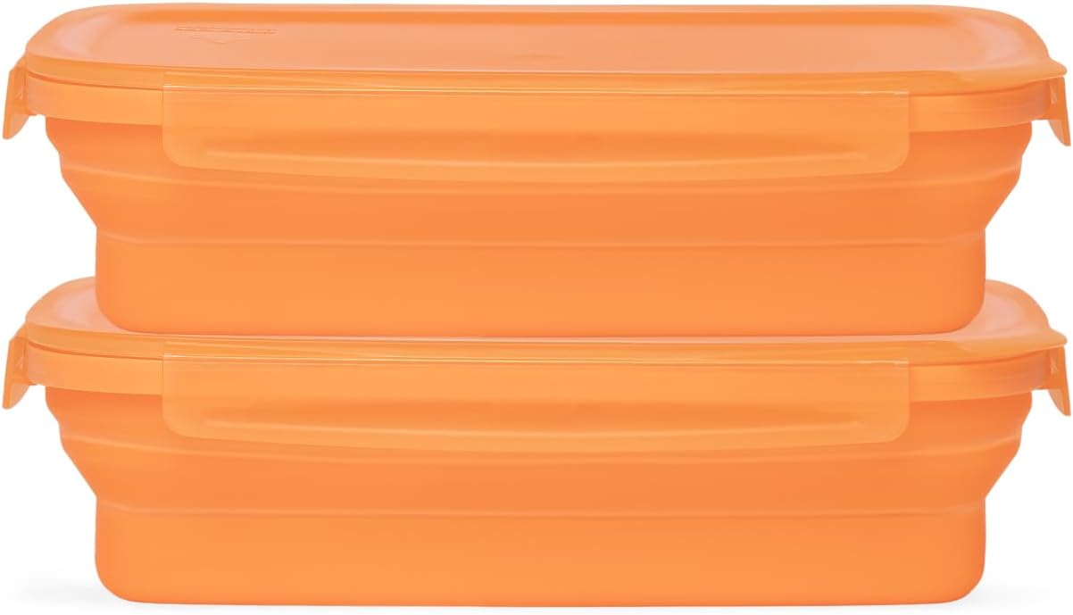 Drip EZ Secondz Collapsible Food Storage Containers – Set of 2, Space-Saving Airtight Meal Prep & Leftover Containers – Microwave, Freezer & Dishwasher Safe, BPA-Free, Locking Lids – Orange