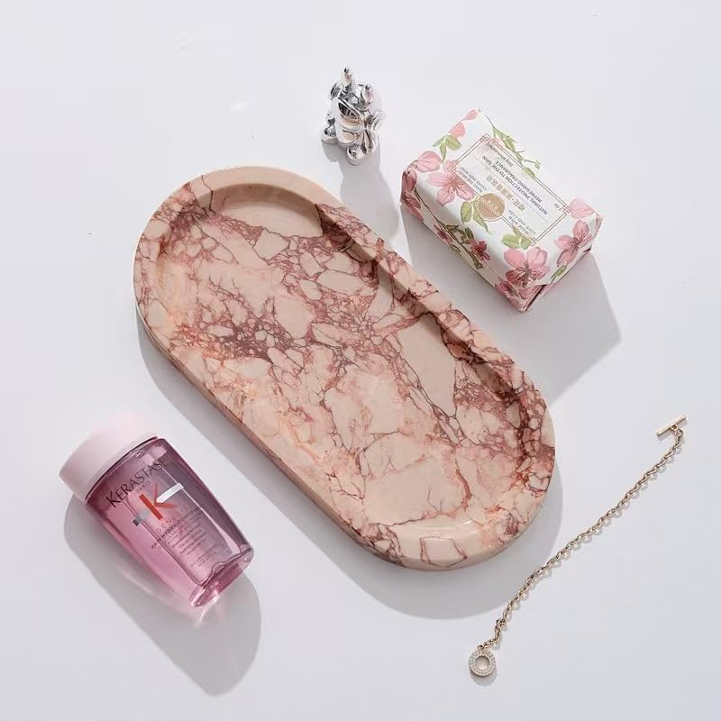 Natural Marble Tray, Oval Vanity Decorative Tray for Bathroom Counter, Countertop Stone Organizer, Catchall Tray for Kitchen, Perfume, Candles, Jewelry Dish Decorative Tray