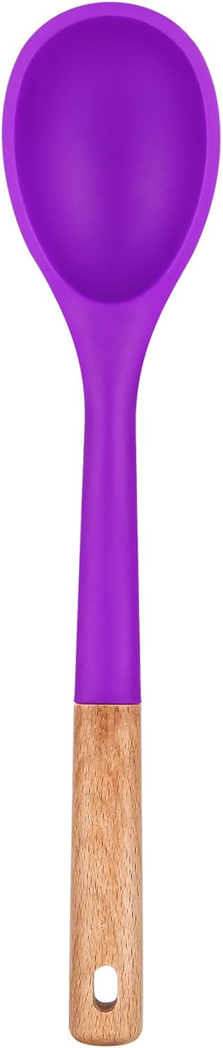 Large Silicone Cooking Spoons, Nonstick Solid Wooden Handle Spoon, Heat Resistan Silicone Kitchen Spoons for Cooking, Serving, Basting, Mixing, 13.2inch (BERRY)