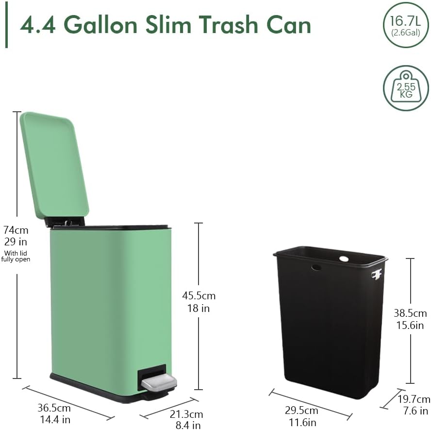 Green 16.7L/4.4 Gallon Bathroom Trash Can with Lid. Features a removable inner bucket, a soft - close lid, and a stainless - steel step pedal. Ideal for use in the bathroom, kitchen, and home office.