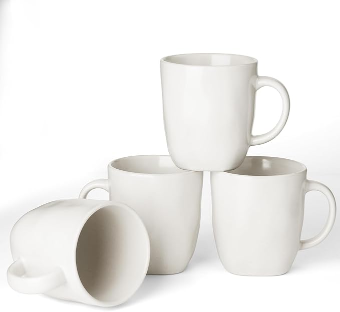 famiware Coffee Mugs Set of 4, Ocean Square 13oz Coffee Cup Set with Handle for Cocoa, Milk, Hot Chocolate, Tea, Water, Stoneware Cups for Kitchen, Microwave and Dishwasher Safe, Matte White