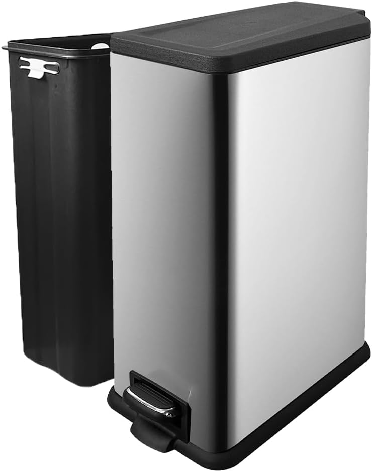12 Gallon Trash Can with Lid，45L Kitchen Garbage Can,Stainless Steel Trash Can for Narrow Spaces with Soft-Close Lid, Inner Bucket, and Step-on Pedal