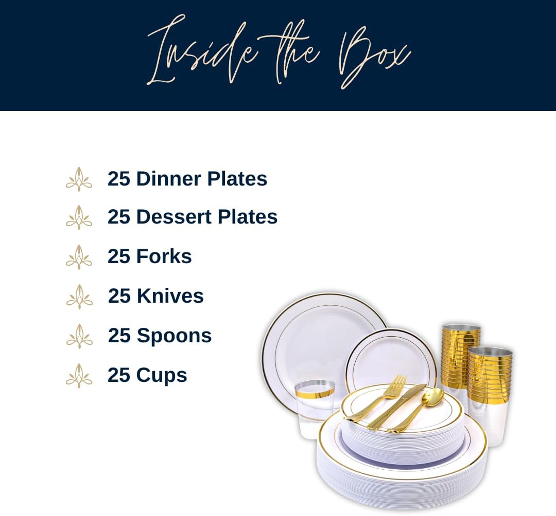 Tableware Dinnerware Set, Premium Heavyweight, Reusable or Disposable Party Plates, Includes Dinner Plate, Dessert Plate, Cutlery, and Cup (Gold, 150-Piece Set, Serves 25 Guests)