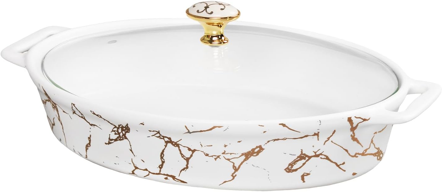 11" x 7" Ceramic Casserole Baking Dish With Glass cover, Lasagna Pan Deep for Oven, 1.3 Quarts Baking Pan with Handles, Oven Safe & Durable Bakeware for Home Decor