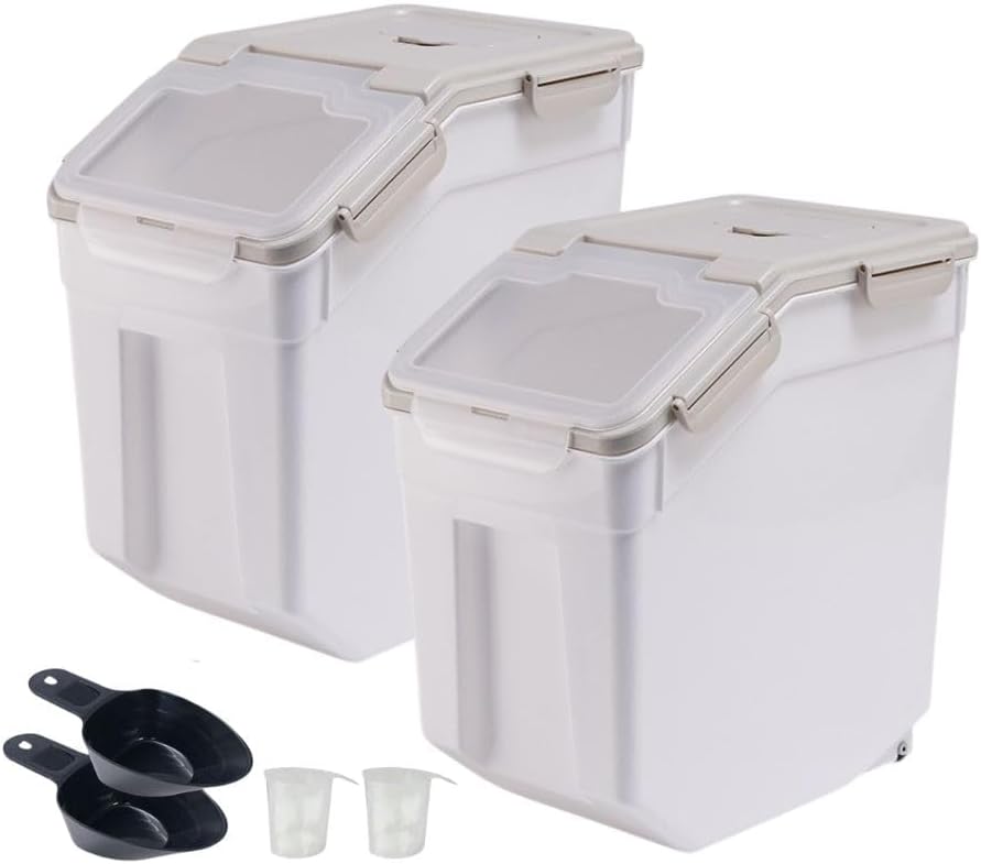 2 Pack Rice Storage Container 25 lbs, Airtight Flour Storage Containers with Lid and Wheels, Measuring Cup & Scoop, BPA Free, Bulk Food Dispenser for Sugar, Grain, Cereal - Pet Food Bin (Grey)