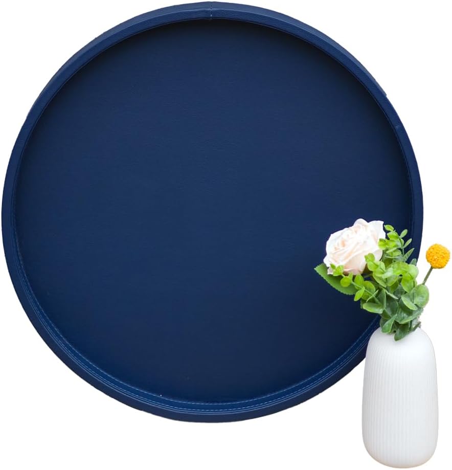 20-inch Round Ottoman Serving Tray - Textured PU Leather Coffee Table Decor, Waterproof Heat-Resistant Large Organizer for Home, Office, Bed & Party Essentials (Navy Blue, 20in)