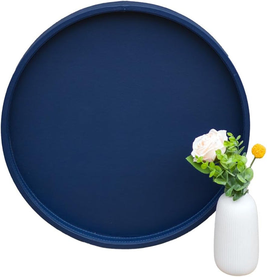 20-inch Round Ottoman Serving Tray - Textured PU Leather Coffee Table Decor, Waterproof Heat-Resistant Large Organizer for Home, Office, Bed & Party Essentials (Navy Blue, 20in)