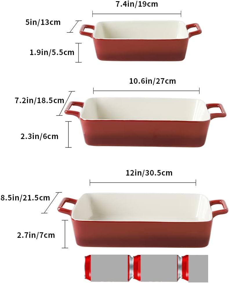 Bakeware Set, Ceramic Baking Dish, Rectangular Baking Pans Set, Casserole Dish for Cooking, Cake Dinner, Kitchen, Wrapping Upgrade, 12 x 8.5 Inches, 3-Piece (Gradient Red)