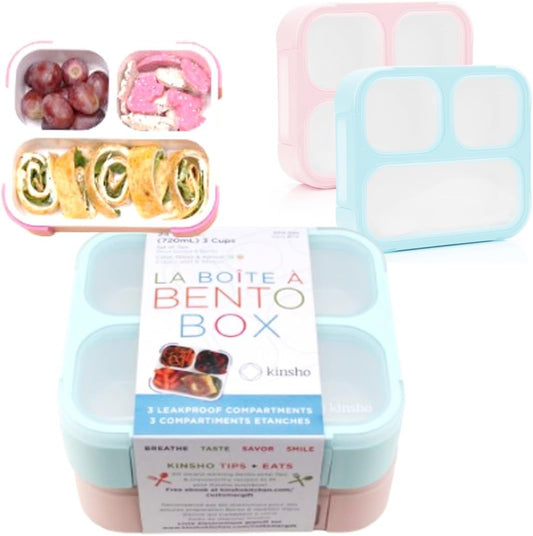 Medium Bento Box for Kids Toddlers, Lunch-Box for Boys or Girls, Leakproof 3 Compartment Containers for Meal or Snack at Daycare School Travel, BPA Free, 2 pack Pastel Teal + Pink