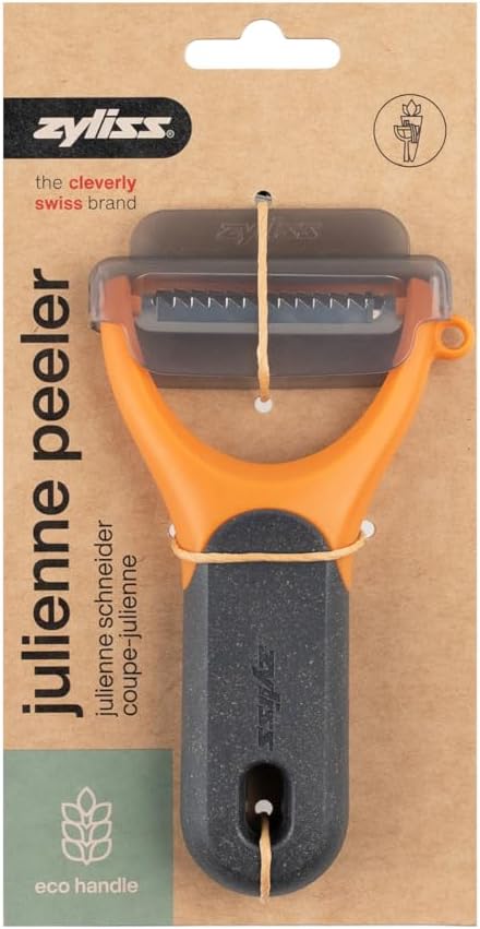 Zyliss Julienne Y Peeler – Ultra-Sharp Stainless Steel Blade for Carrots, Zucchini & Potatoes – Ergonomic Wheatstraw Grip – Built-in Eye Cutter & Safety Cover – Dishwasher Safe – Orange