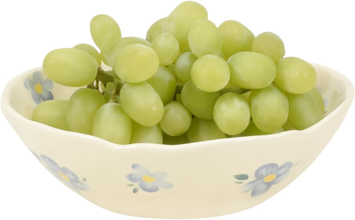 Koythin Salad Bowls, Cute Blue Flower Ceramic Candy Bowls, Cream Yellow Serving Bowl for Pasta, Cereal, Fruit, Soup, Rice, Dishwasher and Microwave Safe (Blue Flower Set of 1)