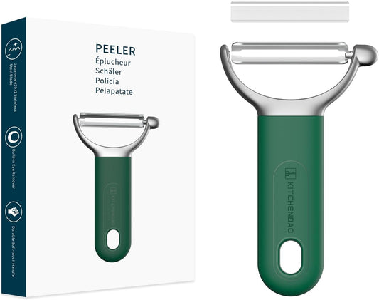 KITCHENDAO Swivel Vegetable Potato Peeler for Kitchen, Japanese Stainless Steel Sharp Blade, Heavy Duty Die-cast Construction Y Peeler, Built-in Eye Remover, Soft-touch Handle, Dishwasher Safe, Green