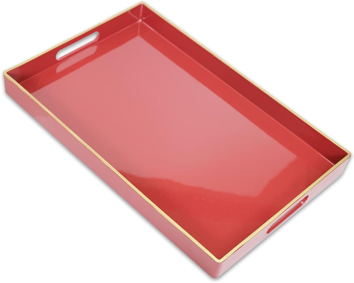 Red Decorative Coffee Table Tray, Rectangular Plastic Serving Tray with Handles for Living Room, Ottoman, Bathroom, 15.7"*10.2"