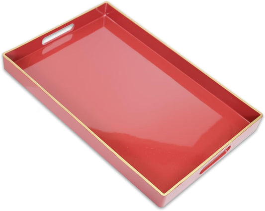 Red Decorative Coffee Table Tray, Rectangular Plastic Serving Tray with Handles for Living Room, Ottoman, Bathroom, 15.7"*10.2"