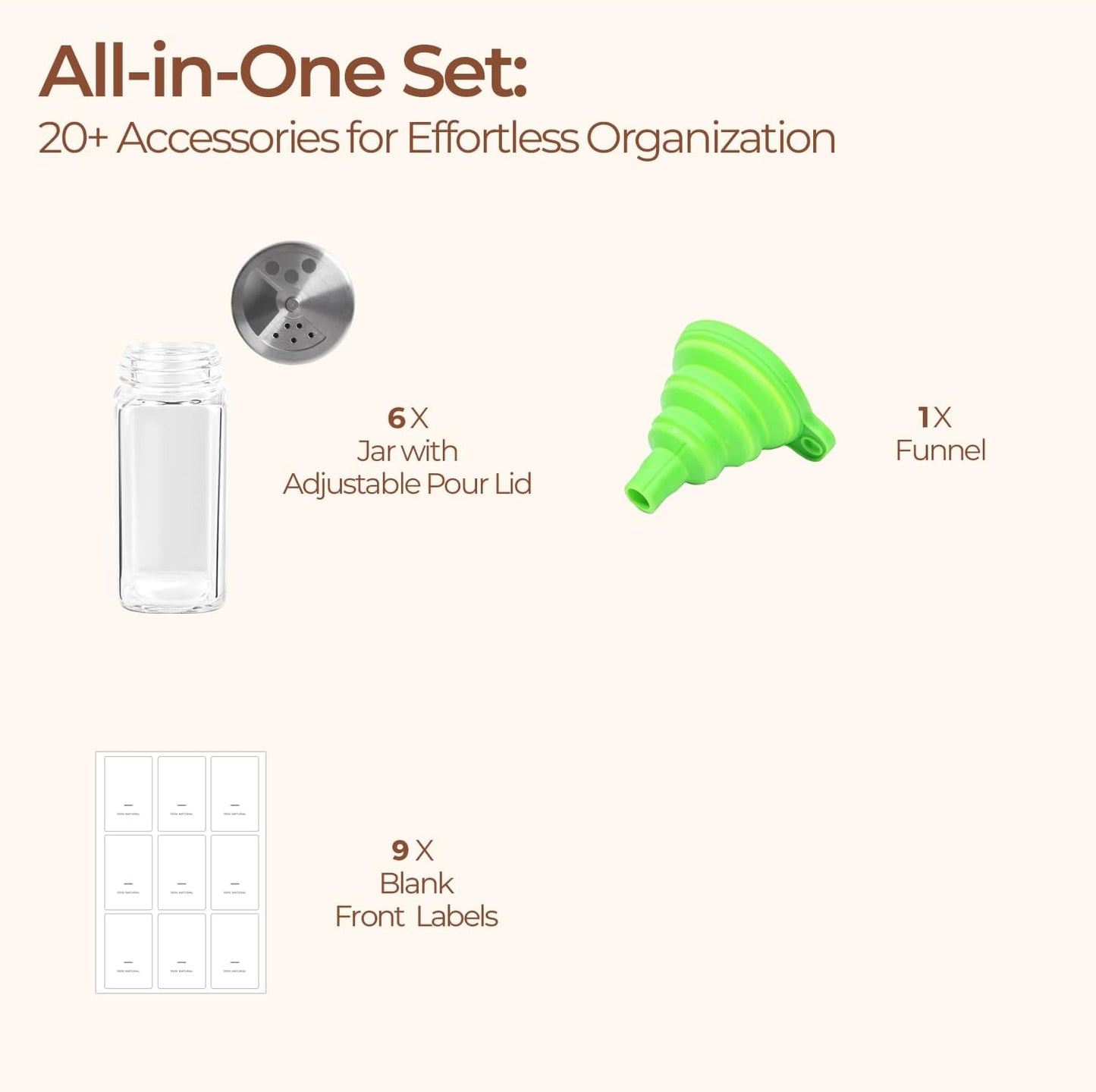 ComSaf 4oz 6PCS Spice Jars with Adjustable Shaker lids，21 Labels, Spice Jars Trial Set & Supplement Set, Empty Ingredient Containers and Square Ingredient Bottles for Kitchen and Seasoning