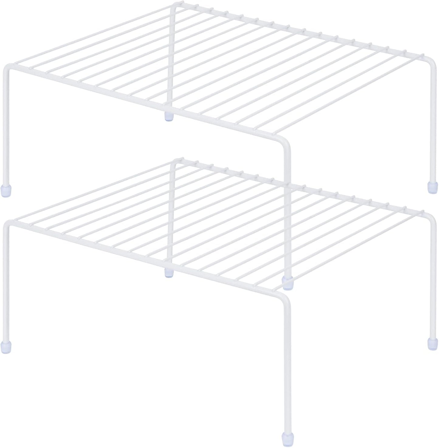 Kitchen Cabinet Storage Shelf Rack/Plastic Feet - (13.1 x 10.2 Inch) - Steel Metal - Rust Resistant Finish - Cups, Dishes, Cabinet & Pantry Organization (2, White)