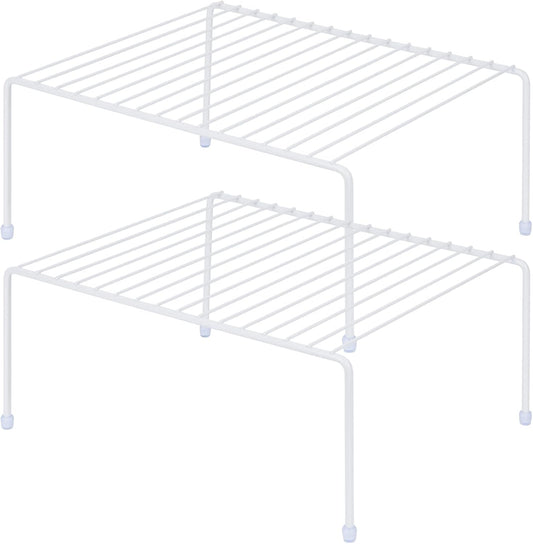 Kitchen Cabinet Storage Shelf Rack/Plastic Feet - (13.1 x 10.2 Inch) - Steel Metal - Rust Resistant Finish - Cups, Dishes, Cabinet & Pantry Organization (2, White)