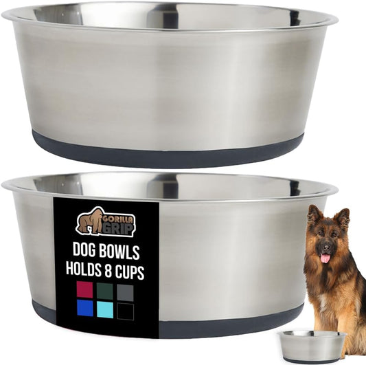 GORILLA GRIP Set of 2 Dog Bowls, Holds 8 Cups (64 fl oz), Heavy Duty Metal Food and Water Bowl for Feeding Dogs and Cats, Dishwasher Safe, Rust Resistant Stainless Steel, BPA Free Rubber Base, Gray