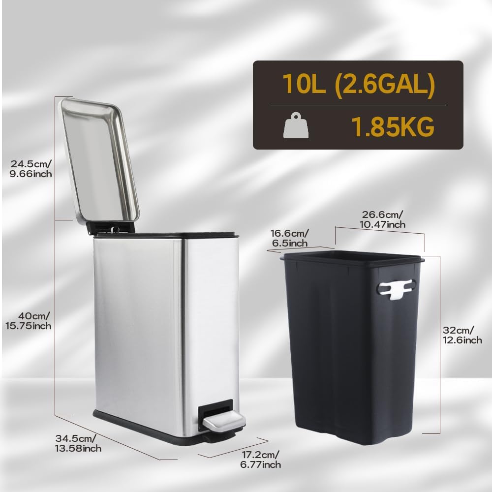 Silver 10L/2.6 Gallon Bathroom Trash Can with Lid,features a removable inner bucket, a soft - close lid and a stainless - steel step pedal,ideal for use in the bathroom, kitchen, and home office.