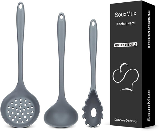 3 Pcs Silicone Kitchen Utensils Set, Soup Ladle-Pasta Fork-Slottede Spoon, Nonstick BPA Free High Heat Resistant Cooking Utensils for Mixing, Serving, Draining, Turning, Stirring