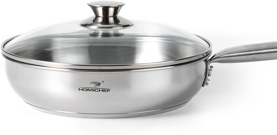 HOMICHEF 9.5 Inch Nickel Free Stainless Steel Saute Pan Induction Oven Safe - Premium Mirror Polished Stainless Steel Pan - Healthy Non Toxic Fry Pans