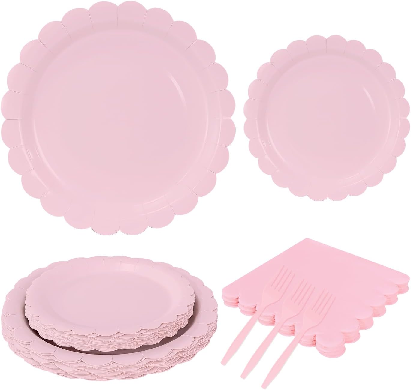 96 Pcs Light Pink Plates and Napkins Party Supplies Serve 24 Guests Including Pink Scalloped Paper Plates and Napkins Plastic Forks for Baby Shower Birthday Party Disposable Dinnerware Set