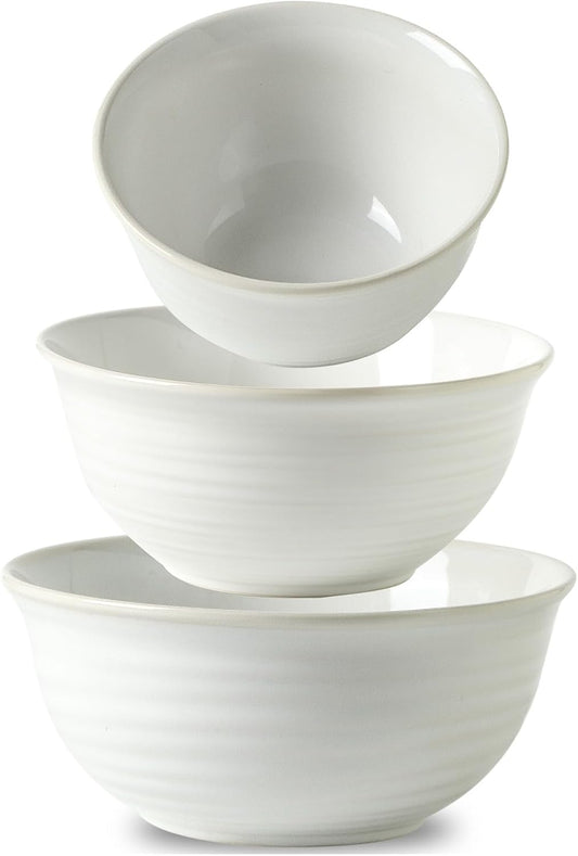 Hasense Mixing Bowls, Ceramic Serving Dishes for Cooking, Baking, Prepping, Nesting Bowls for Salads, Fruit, Popcorn, 2.1/1.5/1.0 Qt, Dishwasher & Microwave Safe, Clay-Infused White