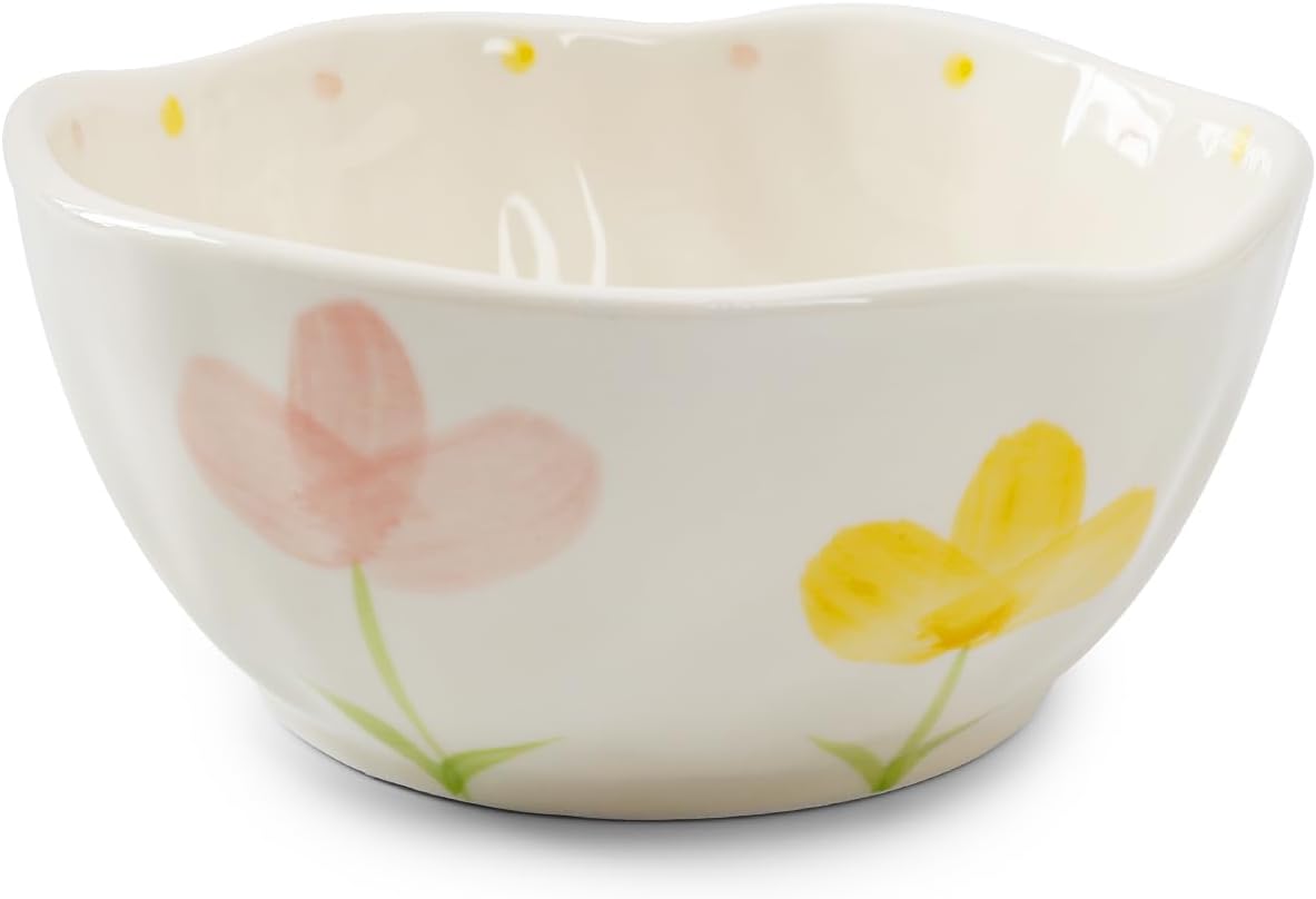 Koythin Ceramic Cereal Bowl, Cute Flowers Pattern Kitchen Bowls for Cereal, Salad, Pasta, Soup, Dessert, Serving, Home Decor, Microwave and Dishwasher Safe (Pink Yellow Tulip)