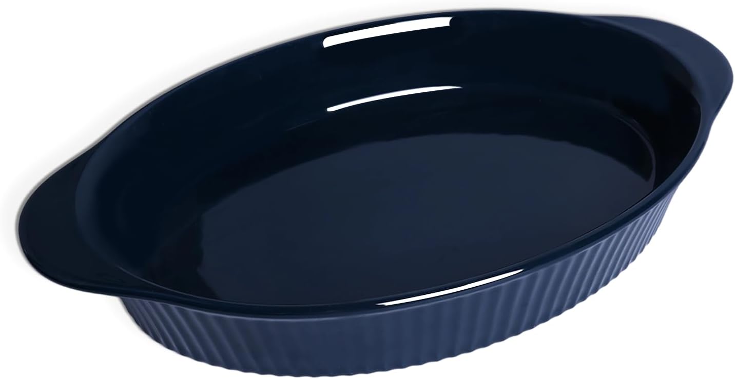 LEETOYI Porcelain 9x13 Large Oval Au Gratin Pans,Baking Dish for Servings, Bakeware with Double Handle for Kitchen and Home, Navy