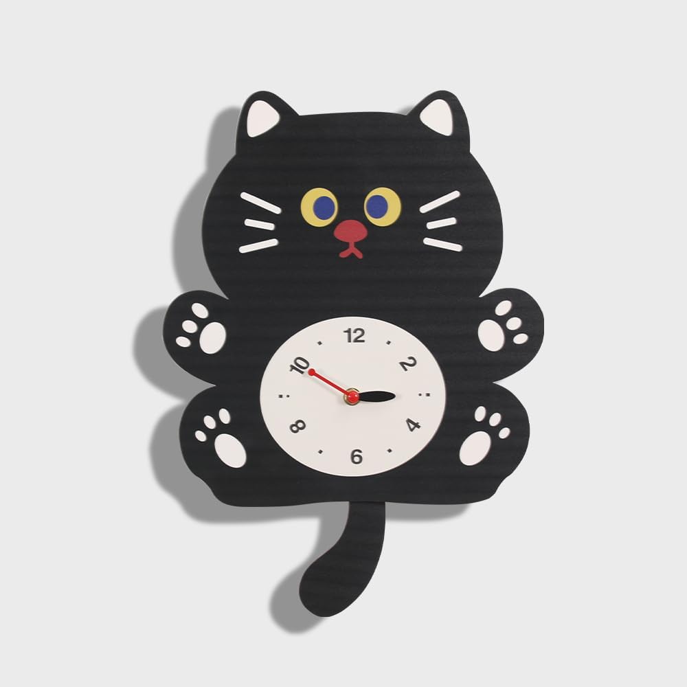 FASHION in THE CITY Cute Cat Pattern Tail Swing Wall Clock - Pendulum Design for Kids' Room, Living Room, Bedroom - Decorative & Quiet Analog Clock for Home Decoration(YBZ001-Black)