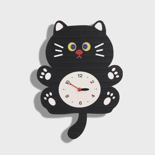 FASHION in THE CITY Cute Cat Pattern Tail Swing Wall Clock - Pendulum Design for Kids' Room, Living Room, Bedroom - Decorative & Quiet Analog Clock for Home Decoration(YBZ001-Black)